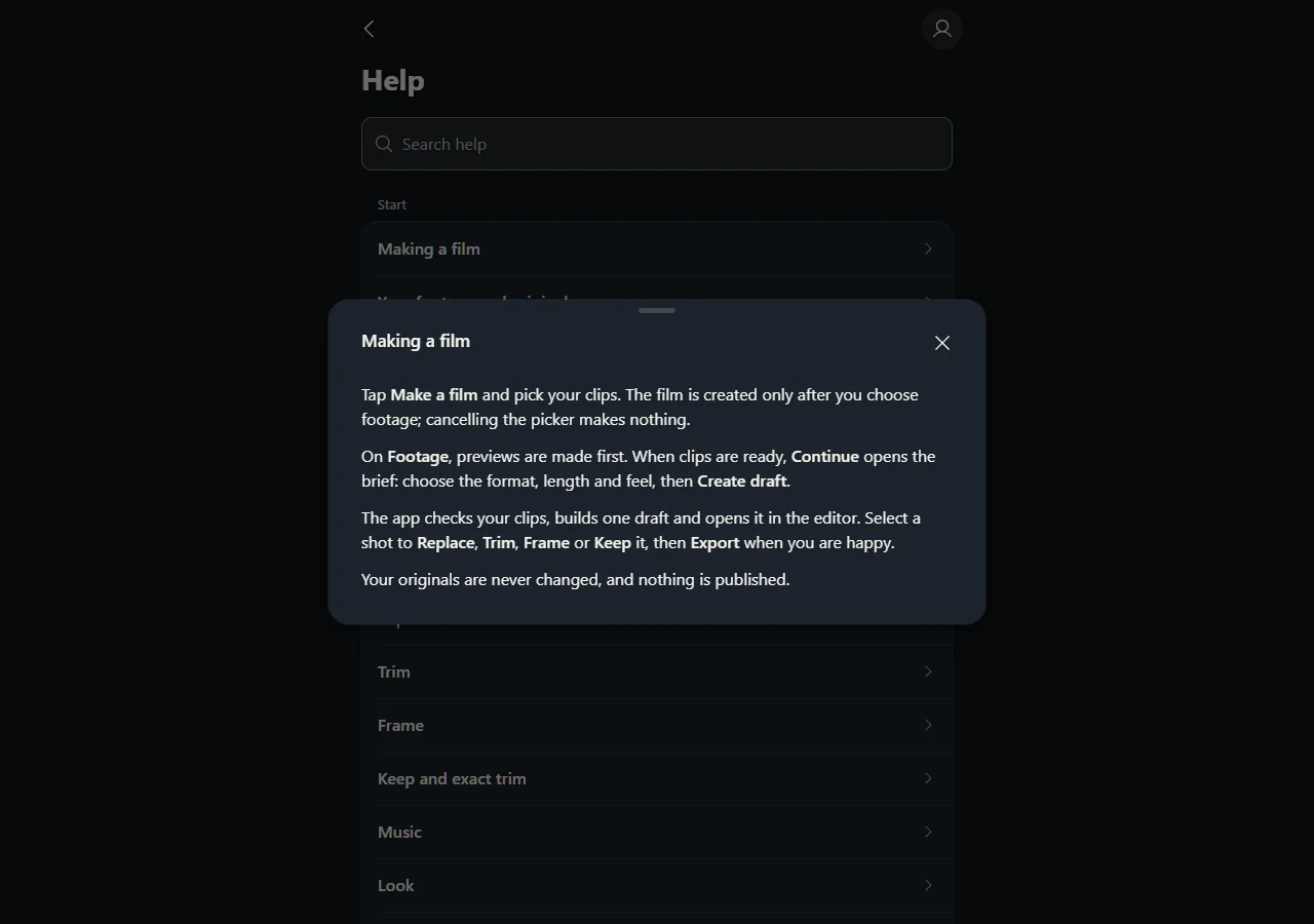 Actual Stitch web app help describing Make a film, Create draft, Replace, Trim, Frame, Keep and Export